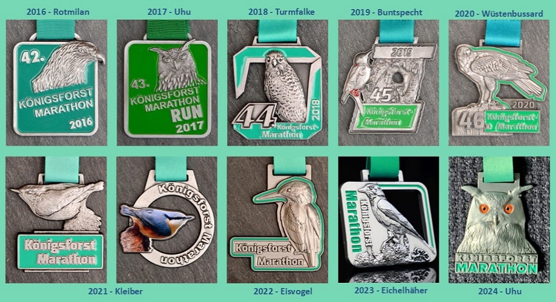 Galerie der Vogelmotiv Medaillen des Königsforst Marathon von 2016 bis 2024